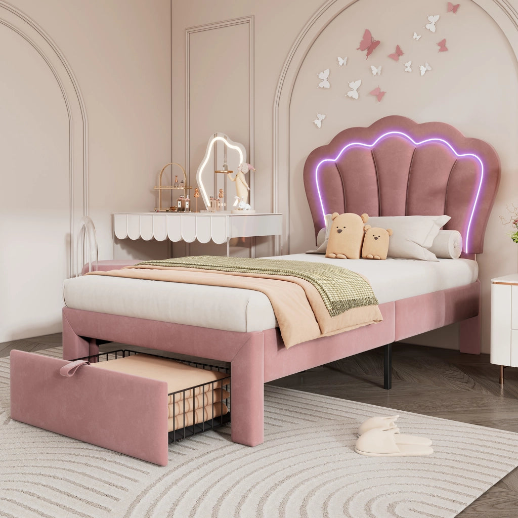 Letto Singolo 90 x 200 cm con Cassetto; LED Regolabile e Testiera Regolabile - Rosa