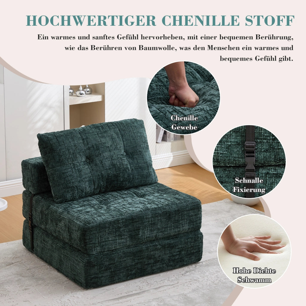 DIVANO LETTO Pieghevole 79x180 cm in Chenille Verde smeraldo con cuscini