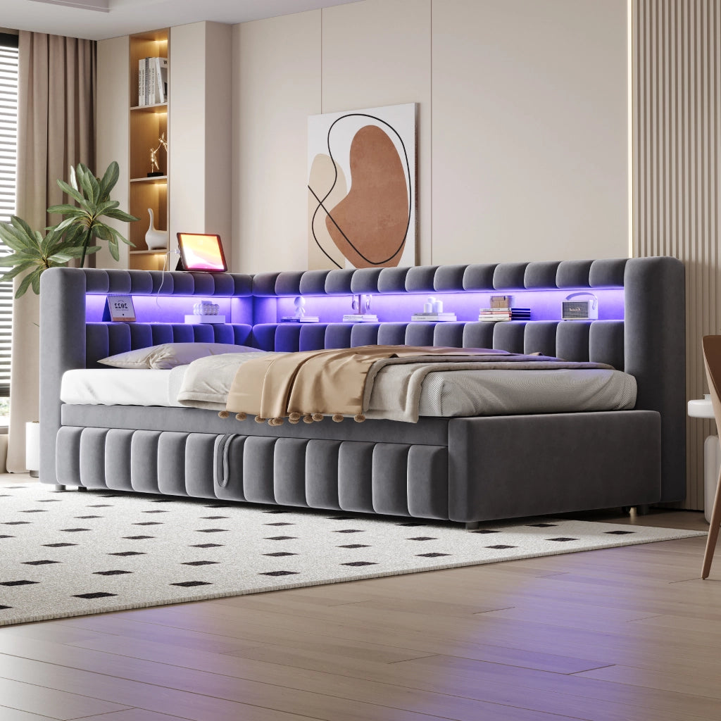 OKWISH Letto a Scomparsa 90×200 cm, Letto Singolo con Letto Estraibile, USB, Type C, LED Regolabile e Vani, senza Materasso, Grigio