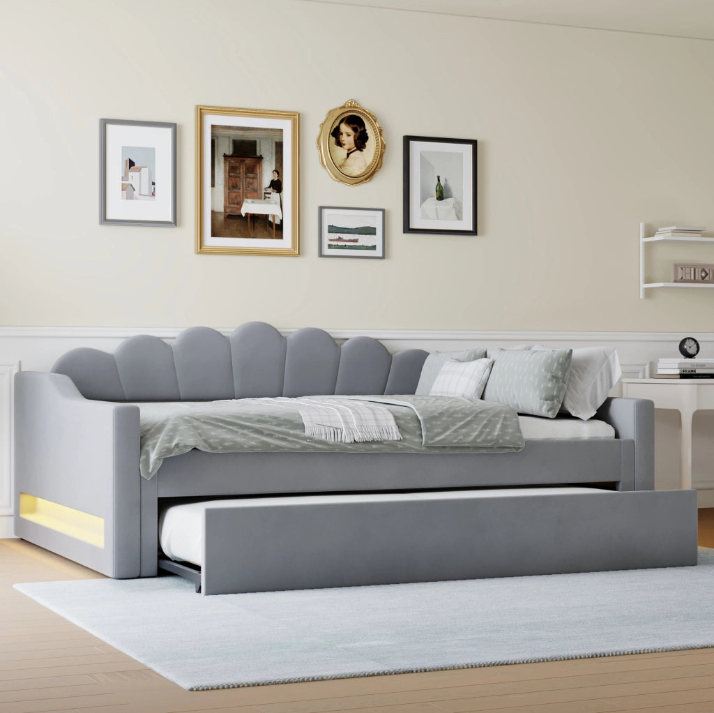 Letto imbottito 140x200 cm con LED e letto estraibile in MDF e compensato grigio