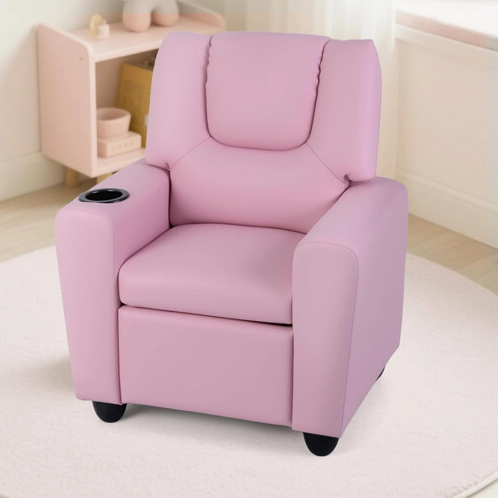 Poltrona Reclinabile per Bambini, Sedia Reclinabile con Porta Bicchiere e Poggiapiedi Regolabile, Poltroncina per Soggiorno e Sala Giochi, Poltrona Divano per Ragazzi 3+ Anni (Rosa)
