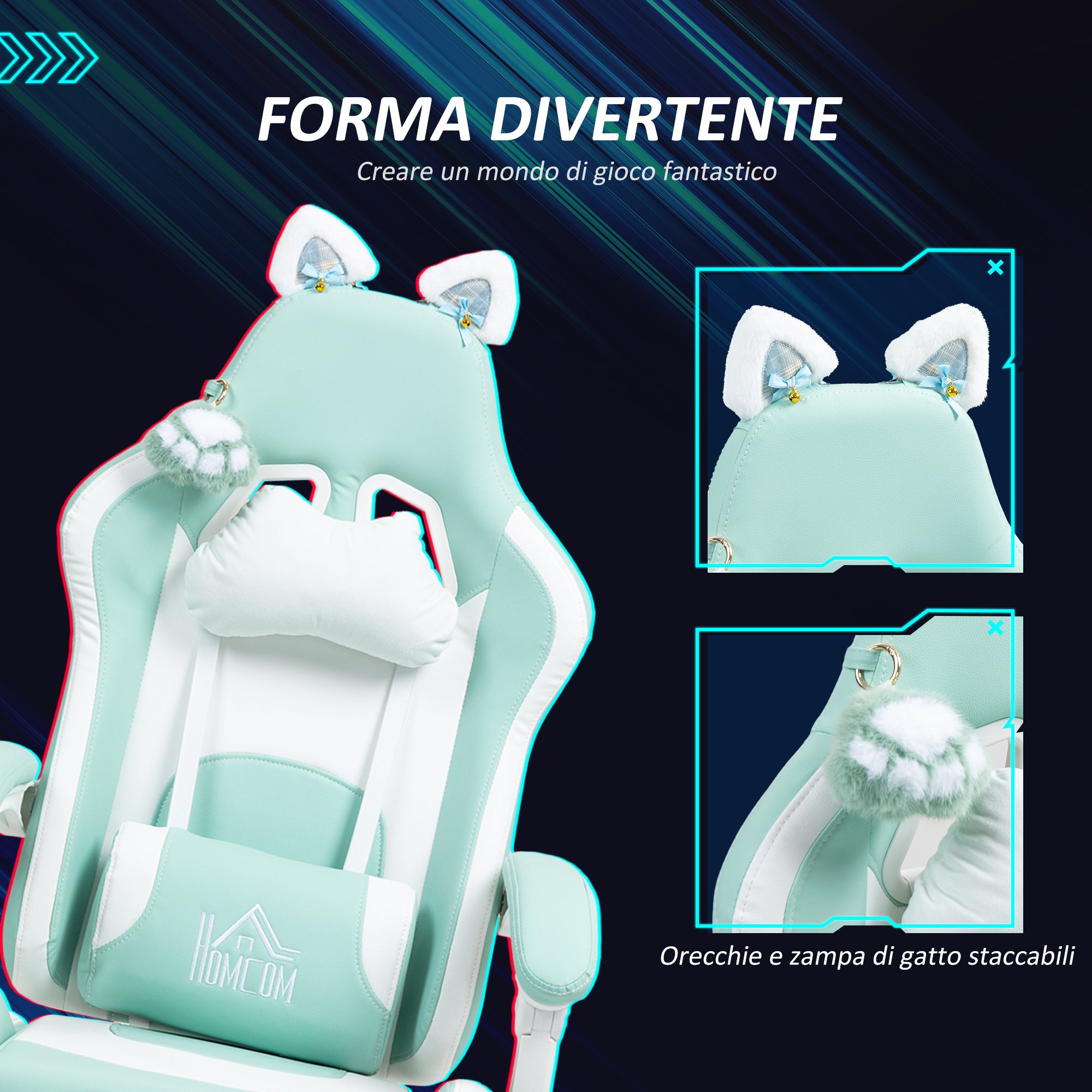 Sedia da Gaming Ergonomica con Orecchie da Gatto Poggiapiedi Retrattile e Schienale Reclinabile 135° Bianco e Azzurro