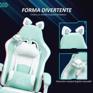 Sedia da Gaming Ergonomica con Orecchie da Gatto Poggiapiedi Retrattile e Schienale Reclinabile 135° Bianco e Azzurro