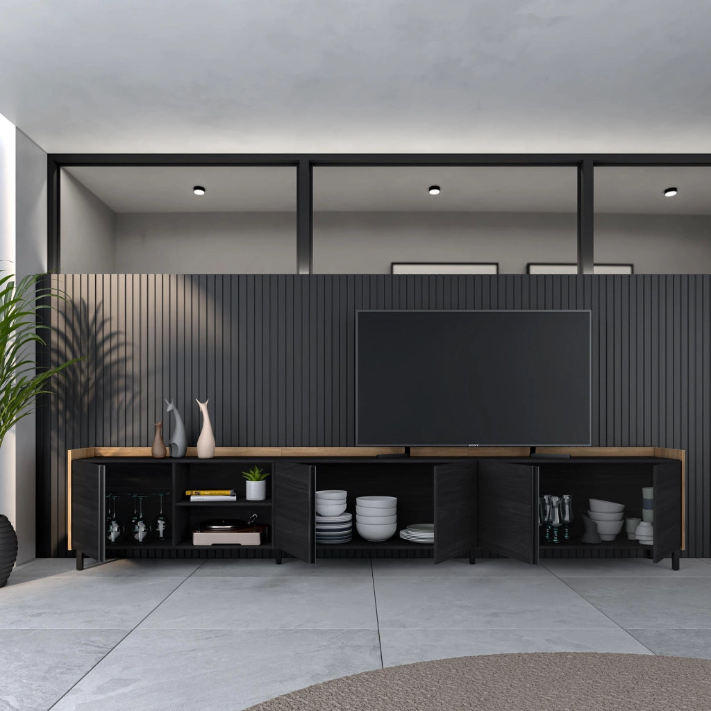 Mobile TV Soggiorno, 309x61x35 cm, Per TV fino a 80", Design industriale, Nero e rovere