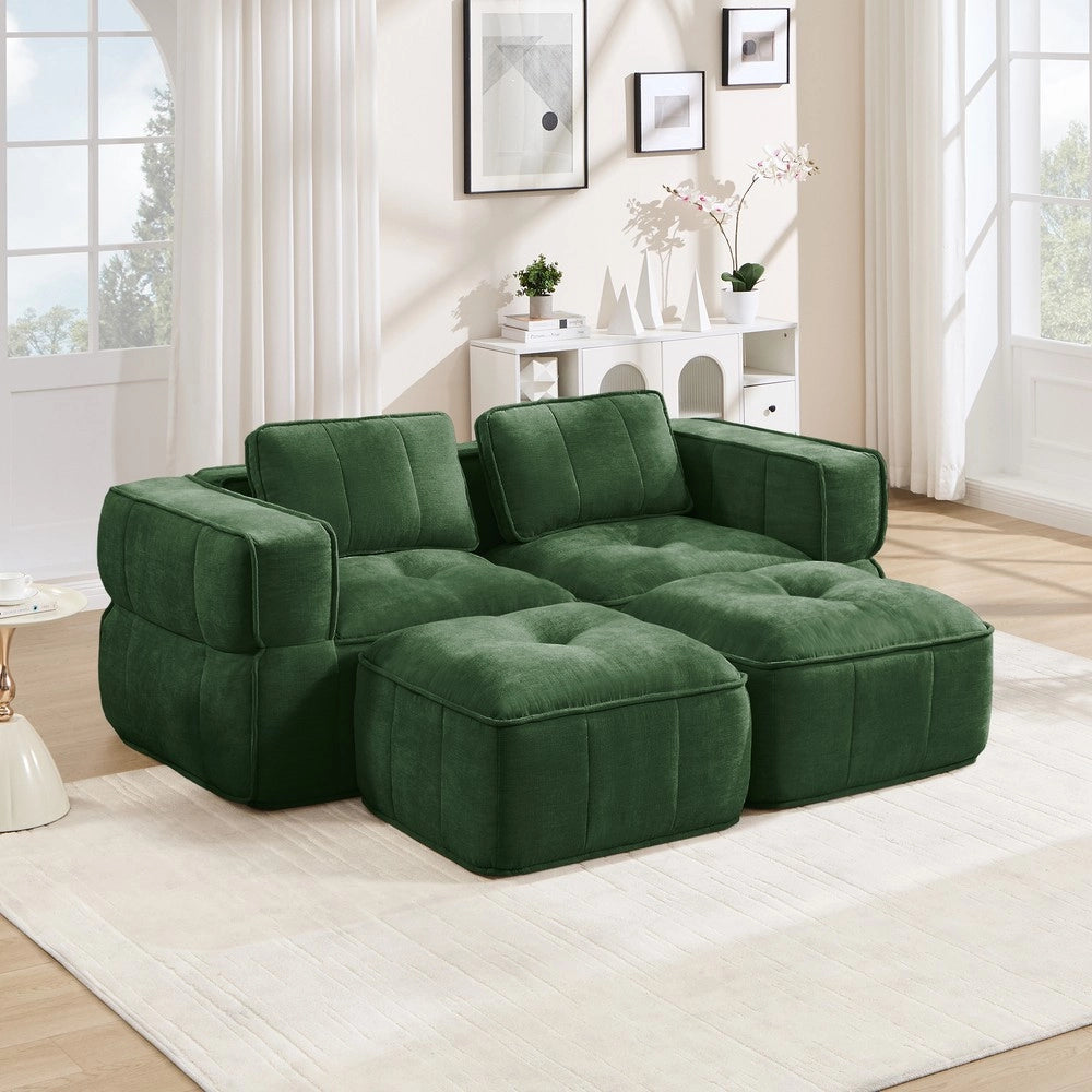 Divano 2 posti con poggiapiedi ¨C Minimal ¨C tessuto verde imbottito morbido