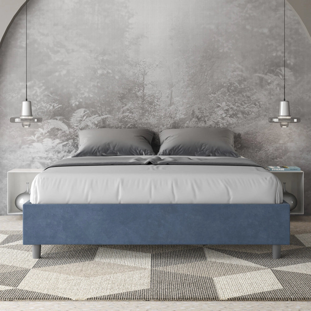 BS COM Letto matrimoniale con rete imbottito 160x190 microfibra blu