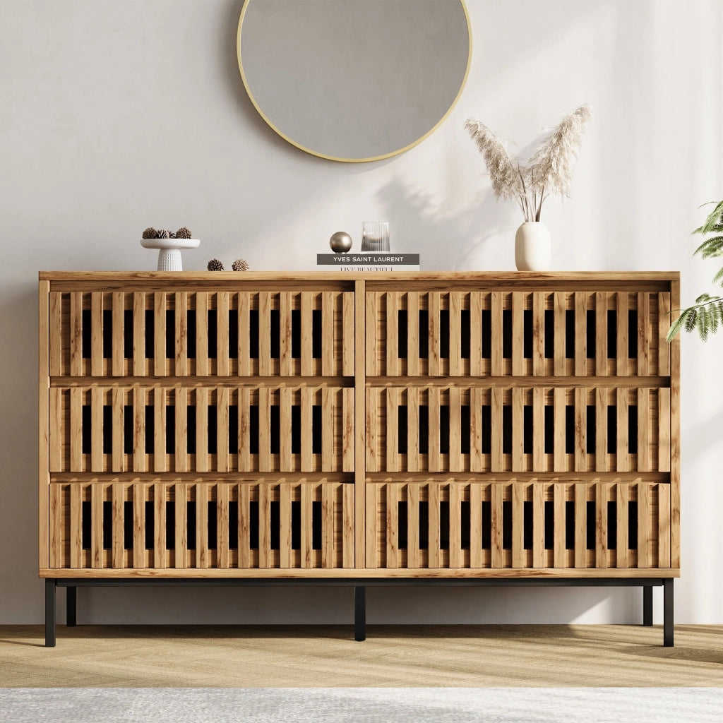 Cassettiera, credenza da sala da pranzo, 6 cassetti, piedini in metallo, finitura effetto legno, 120 x 40 x 81 cm