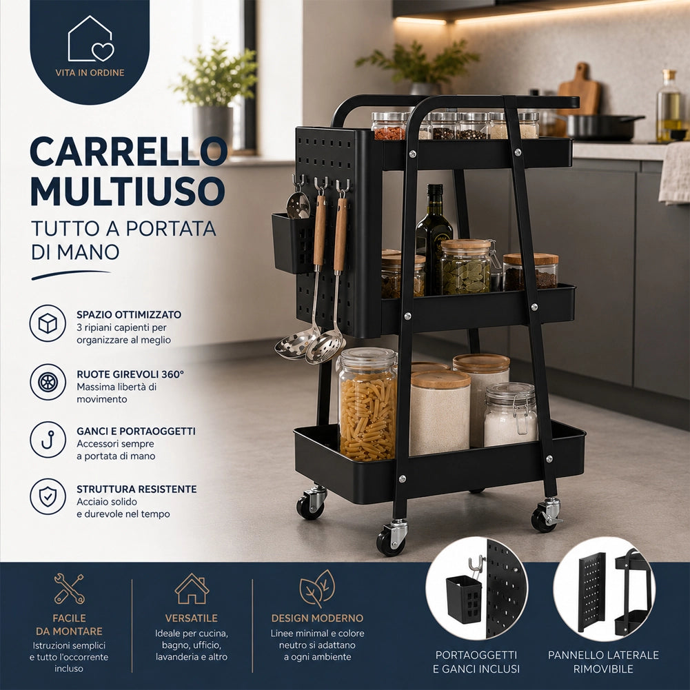 Carrello da Cucina Nero Acciaio 3 Ripiani Carrellino Salvaspazio 47.5x32x73.5cm
