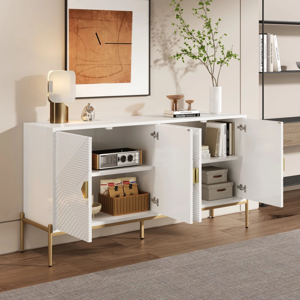Credenza con 4 Ante; Motivo Geometrico 3D; Maniglie Dorate; Gambe in Metallo; Stile Moderno; 162??40??80 cm; Bianco