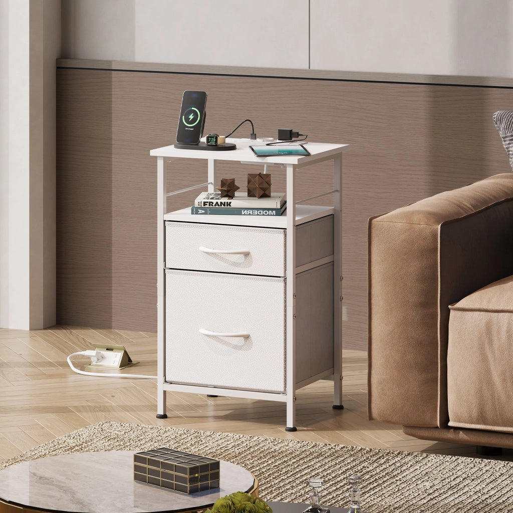 Comodino Bianco con 2 Cassetti in Tessuto e Presa ¨C zephmum ¨C 40x30x60cm