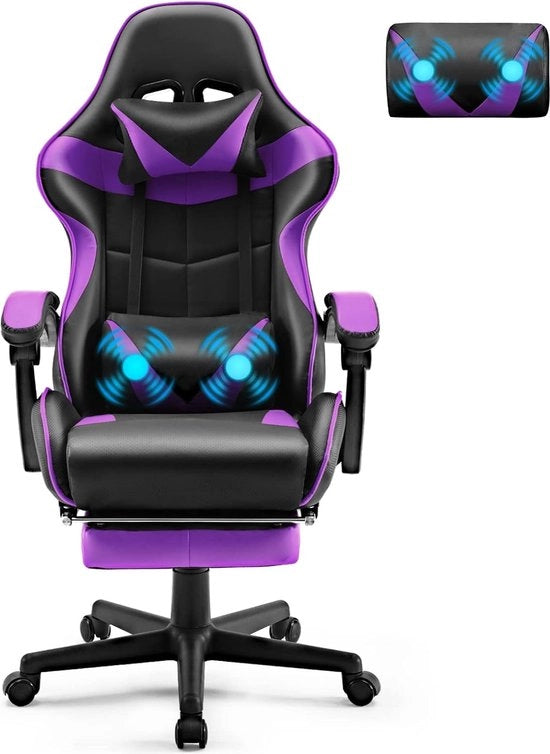 Sedia Gaming con Funzione di Massaggio e Supporto per i Piedi - Sedia Ergonomica con Supporto per la Testa e Cuscino Lombaro per Gamer e Livestream (Lila)