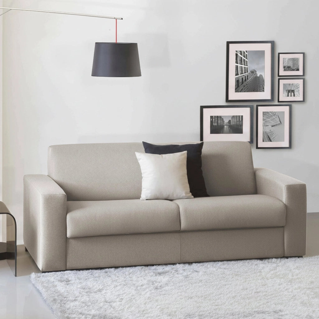 Divano Letto Andymion, Divano a 2 posti Large, Made in Italy, SofÒ  Soggiorno con apertura girevole, in tessuto imbottito, con Braccioli standard, cm 200x95h90, Tortora