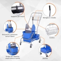 Carrello Pulizie Professionale con Cesto Sospeso, Ripiano, 25L Secchio Lavapavimenti con Strizzatore, Carrello Multiuso con Gancio per Hotel, Albergo e Ristorante, 72x49.5x95 cm, Blu