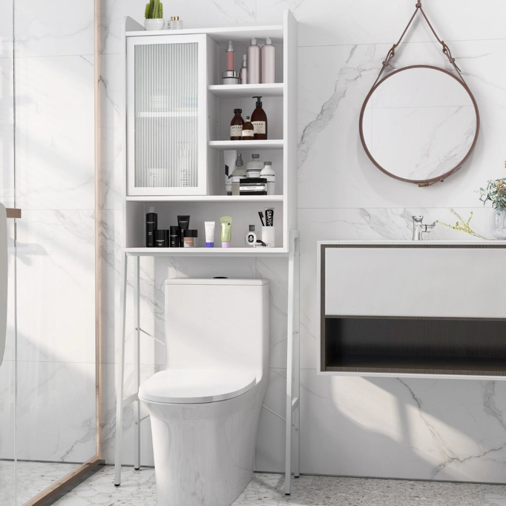 Mobiletto sopra il water con anta scorrevole in acrilico e struttura metallica-Mobile per bagno lavanderia Bianco