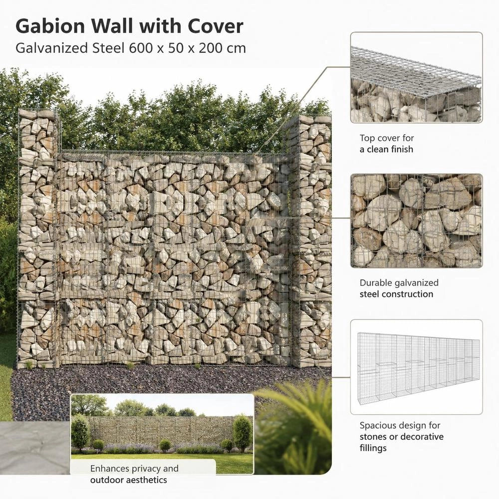 Gabion Wall With Cover, Galvanized Steel, 600 X 50 X 200 Cm