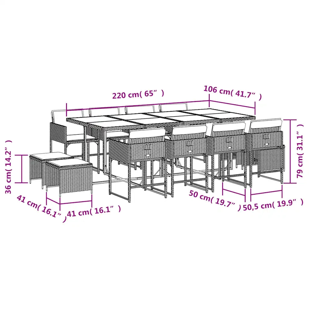Set da Pranzo da Giardino 13 pz con Cuscini Beige in Polyrattan 3278109