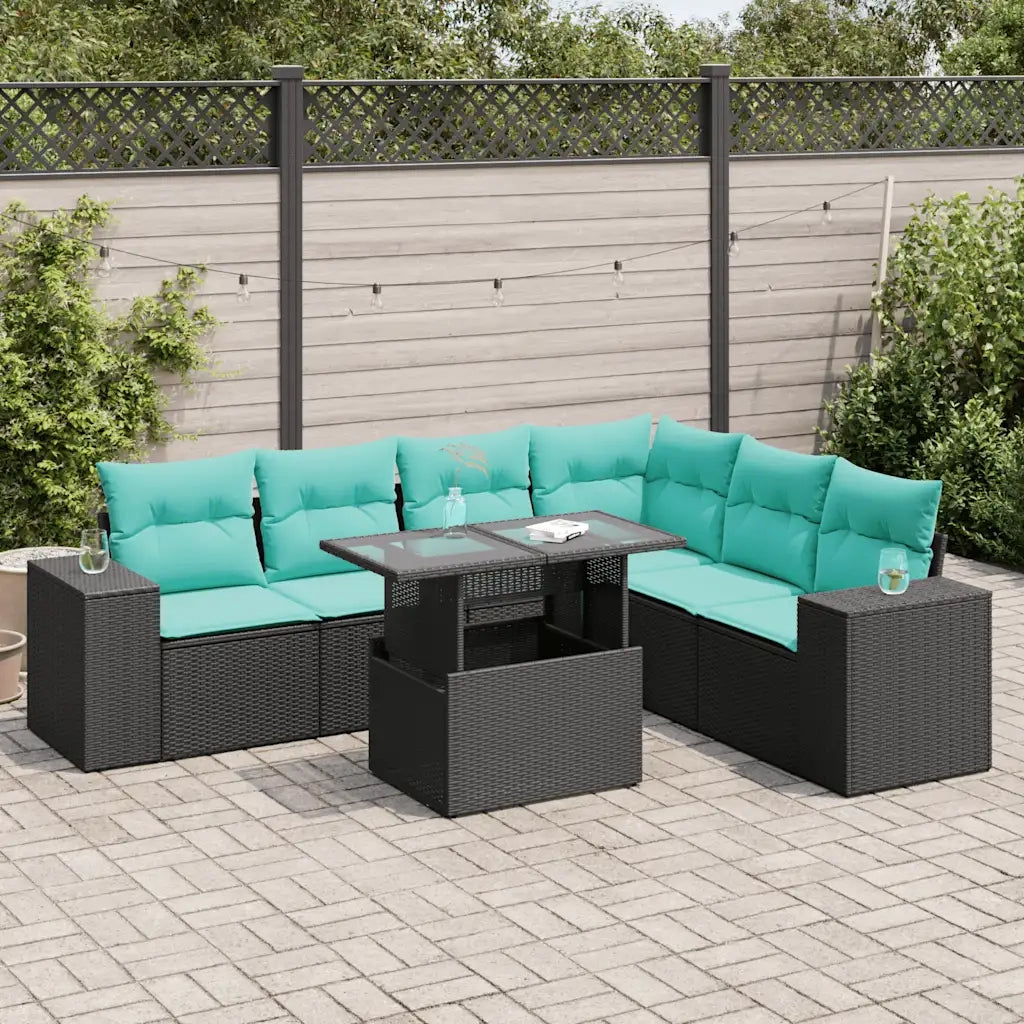 Set Divani Giardino 7pz con Cuscini Nero in Polyrattan Acacia 3326808