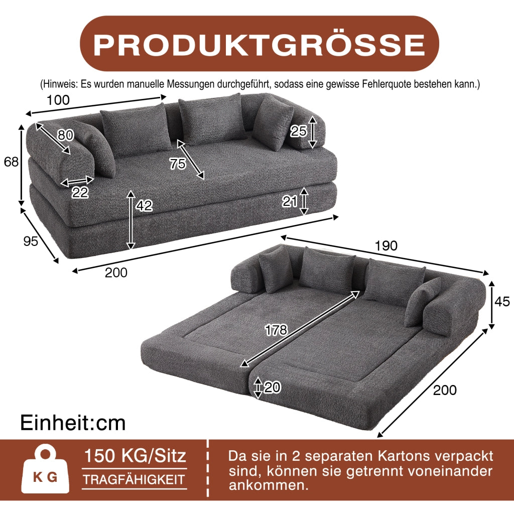 Divano letto modulare 4 in 1 con schienale regolabile in ciniglia grigio
