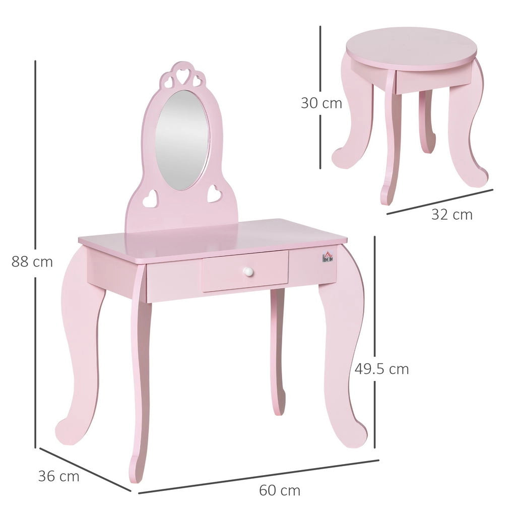 TAVOLO TRUCCO PER BAMBINI CON SGABELLO SPECCHIO E CASSETTO 60X36X88CM