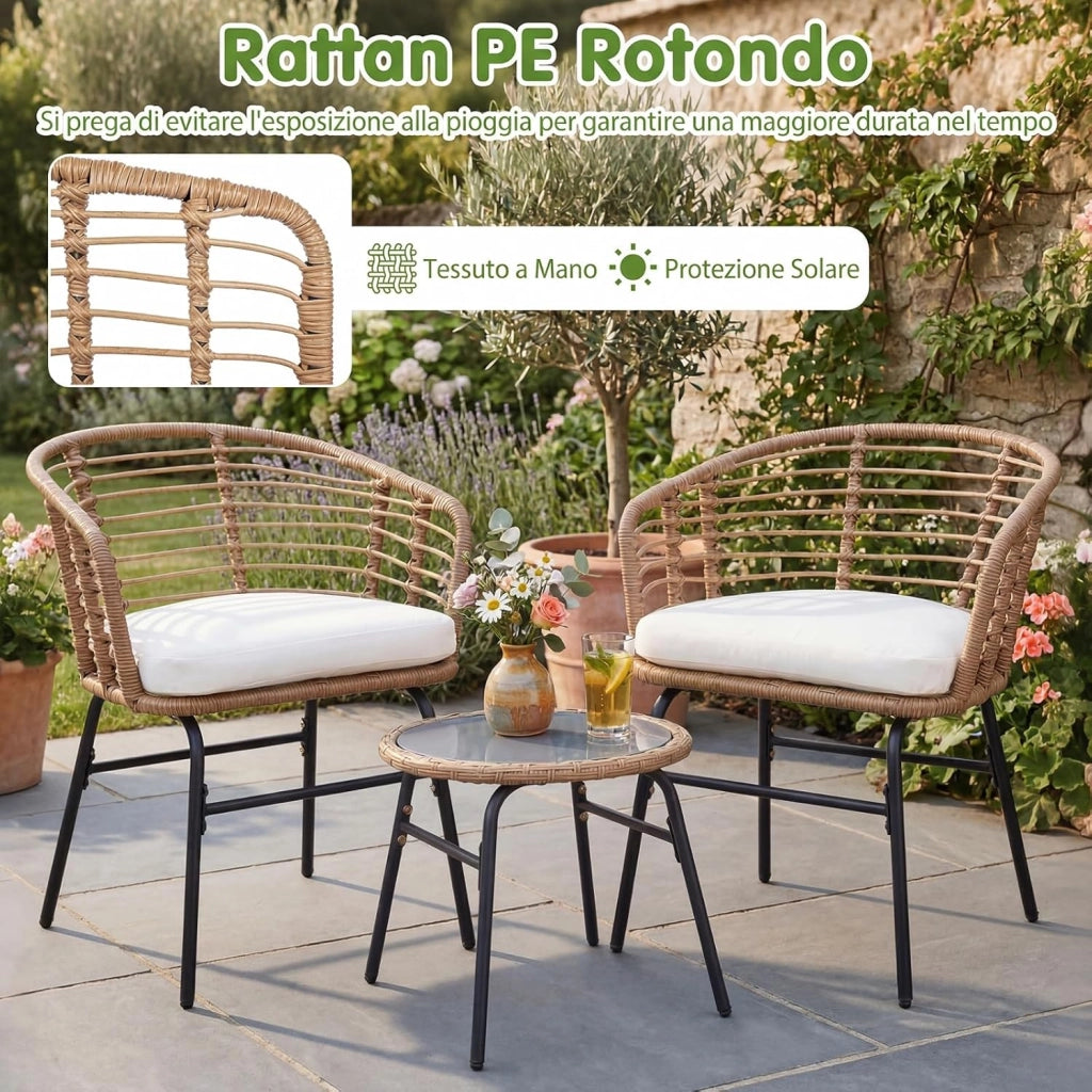 Salotto da Giardino per 2 Persone, Salottino in Rattan Include 2 Poltrone con Cuscini Imbottiti e Tavolino Rotondo con Piano in Vetro Temperato, Set da Esterno a 3 Pezzi per Balcone e Terrazza