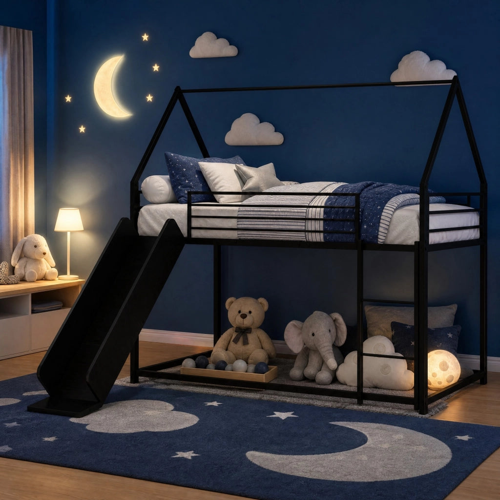 Letto a castello per bambini 194 × 185 × 176.5 cm con scivolo e scale in metallo nero