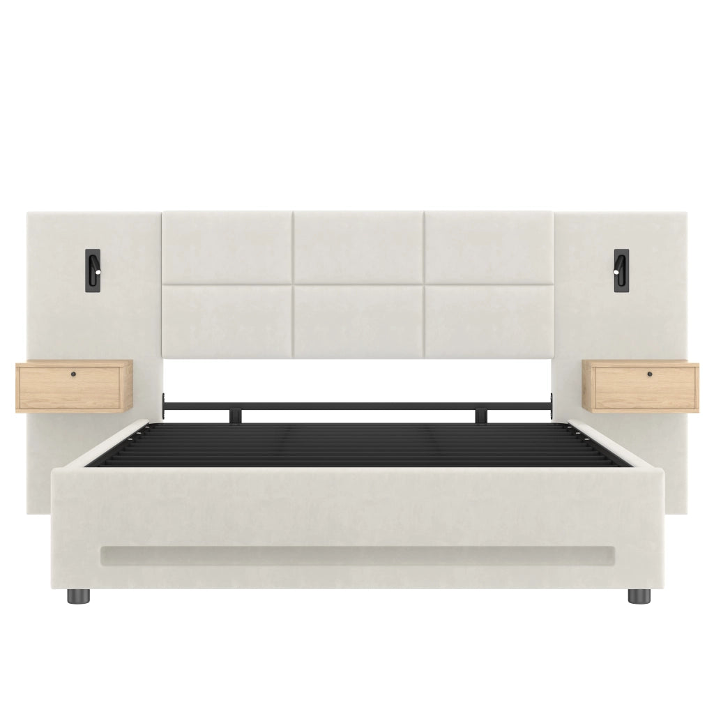 Letto Contenitore 160x200 cm; USB-C; LED; Testiera con Scaffali; Velluto Beige
