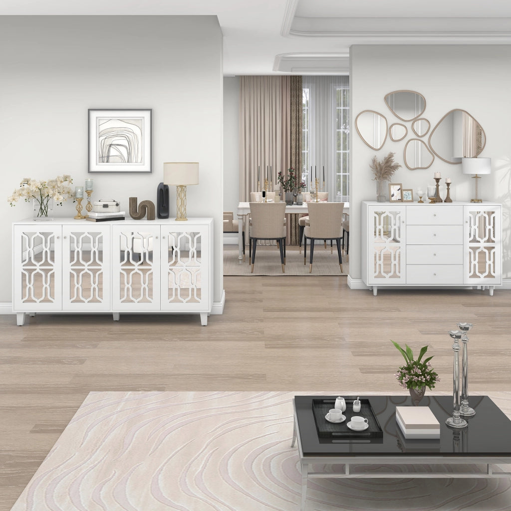 Credenza bianca a specchio con 4 ante e ripiano interno mobile, maniglie in vetro, soggiorno e ingresso 160 × 40 × 84 cm