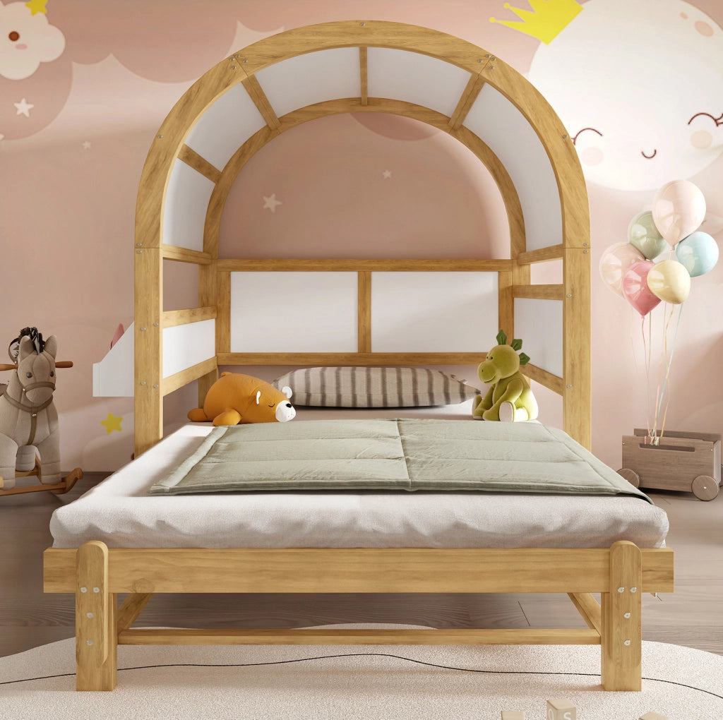 Letto 140x200 cm con letto estraibile e tetto ad arco in legno bianco e naturale