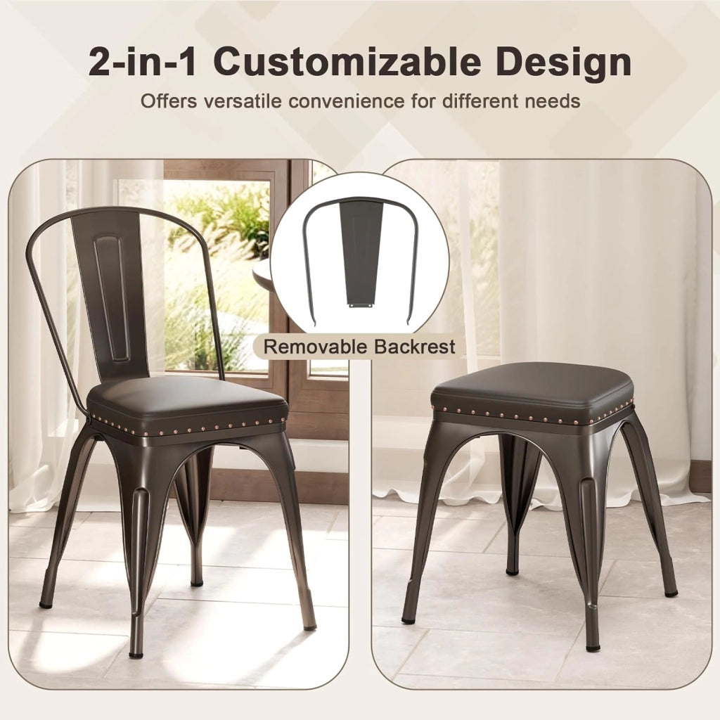 Set di 4 sedie da pranzo impilabili, da cucina, da bistrò, con schienale rimovibile, imbottite, da soggiorno, da pranzo, in metallo, portata 150 kg, 44 x 53 x 84 cm (marrone bronzo)