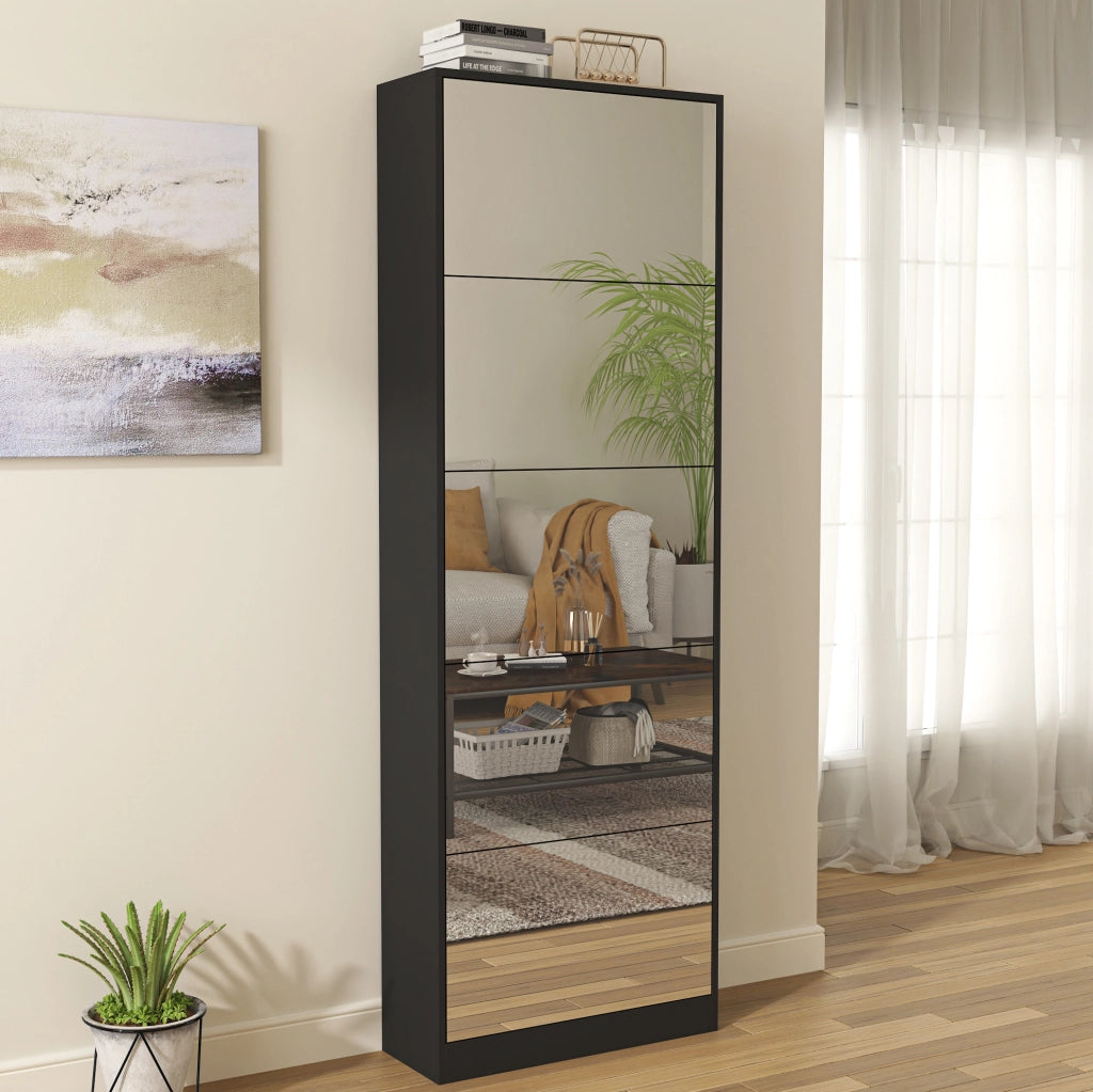 Scarpiera slim con specchio 5 ante a ribalta doppio ripiano in MDF nera 63×23;6×185 cm
