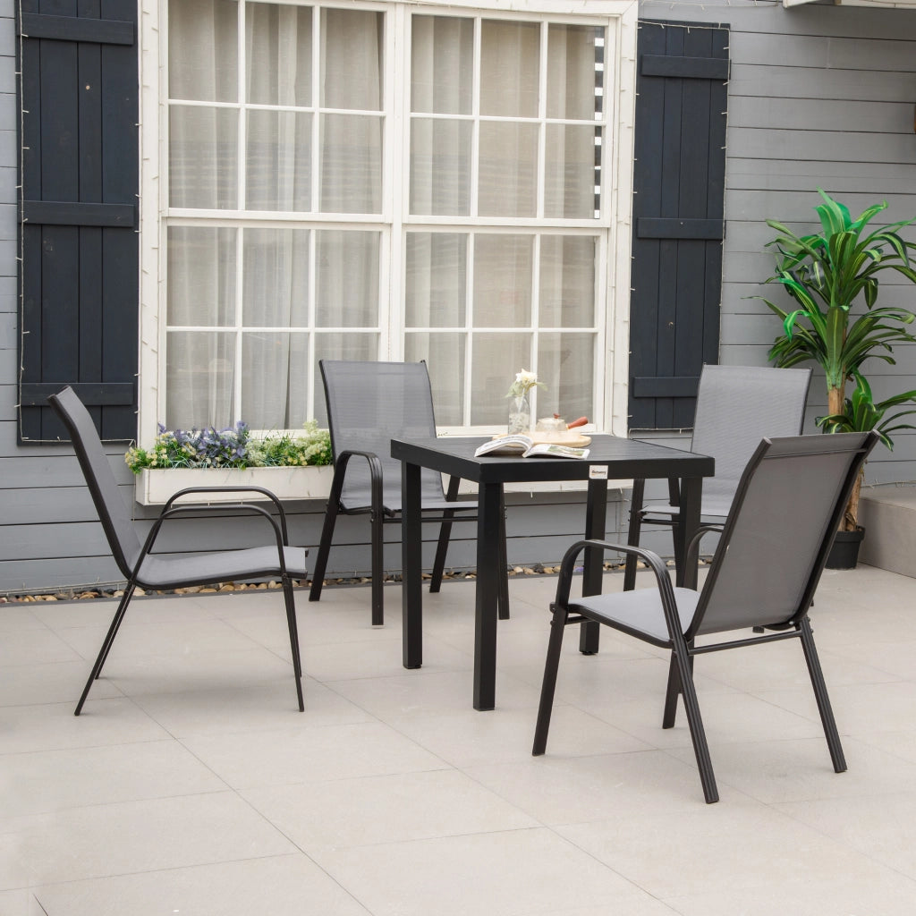 Set 4 Sedie da Giardino Impilabili e Salvaspazio con Braccioli in Metallo e Tessuto a Rete, Grigio