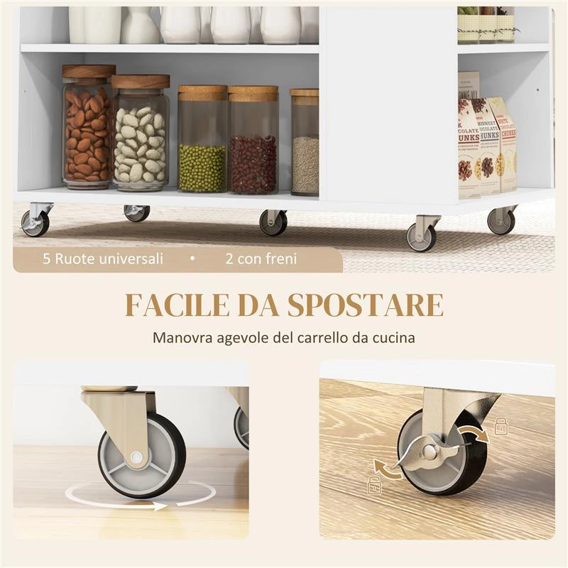 CARRELLO ISOLA DA CUCINA CON RIPIANI REGOLABILI, PORTACOLTELLI E PIANO IN LEGNO, 86.5X47X88 CM, BIANCO