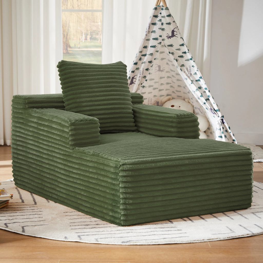 Divano chaise longue verde in velluto a coste, senza montaggio