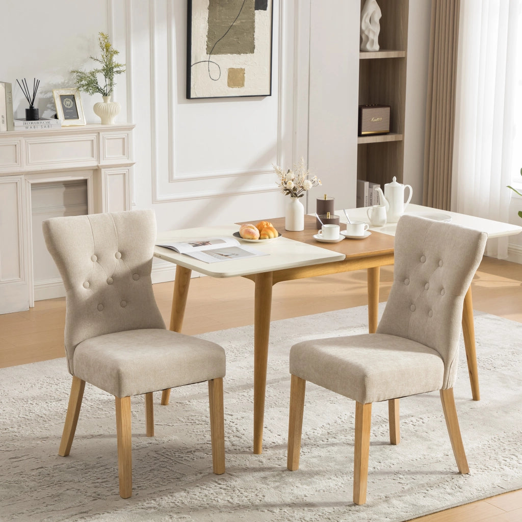 Set di 2 sedie da pranzo, gambe in legno massello, sedute imbottite, tessuto chenille, beige