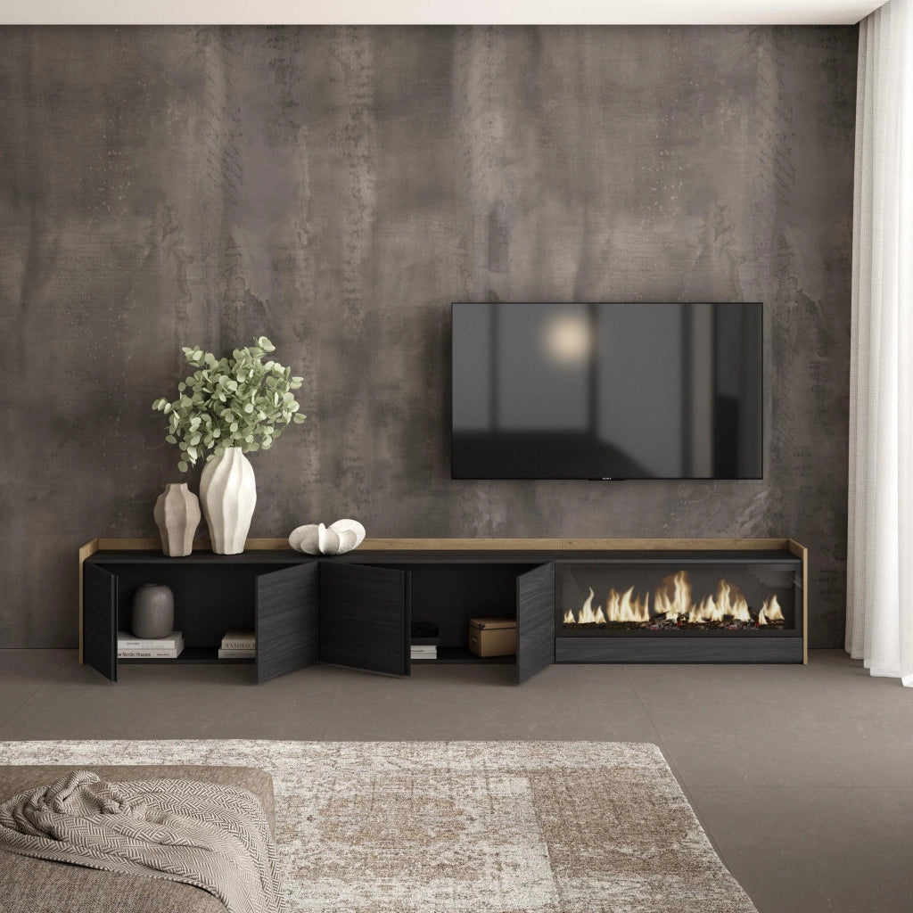 Mobile TV Soggiorno, 315x50x35 cm, Per TV fino a 80", Camino elettrico XXL, Nero e rovere