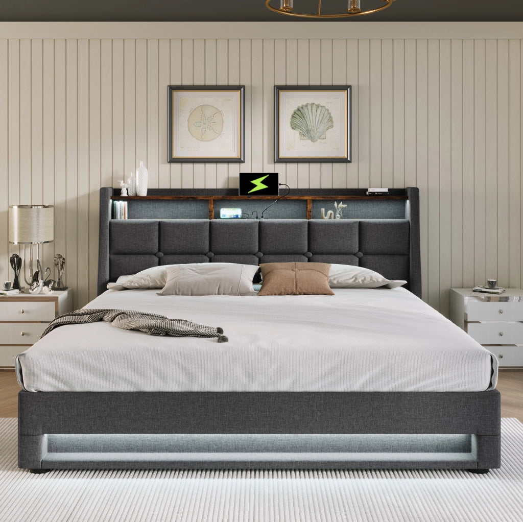 Letto imbottito 140x200 cm grigio con LED, USB e contenitore