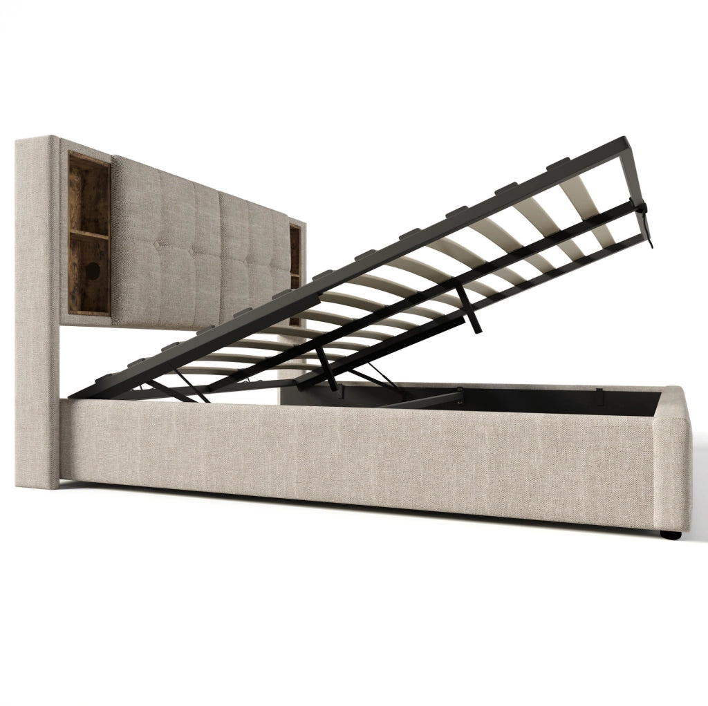 Letto matrimoniale imbottito 180x200 cm in lino naturale con ricarica wireless; USB e contenitore