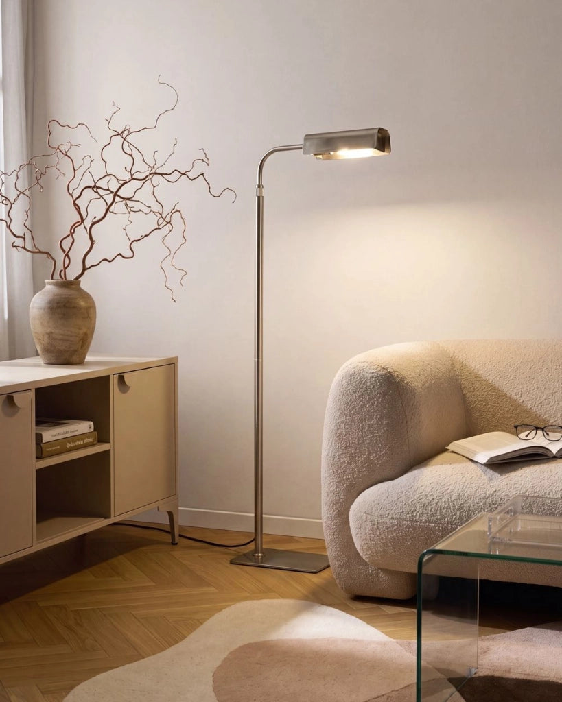Lampada da terra con base in acciaio argentato, regolazione dell'altezza, stile moderno, interruttore on/off, stile glamour