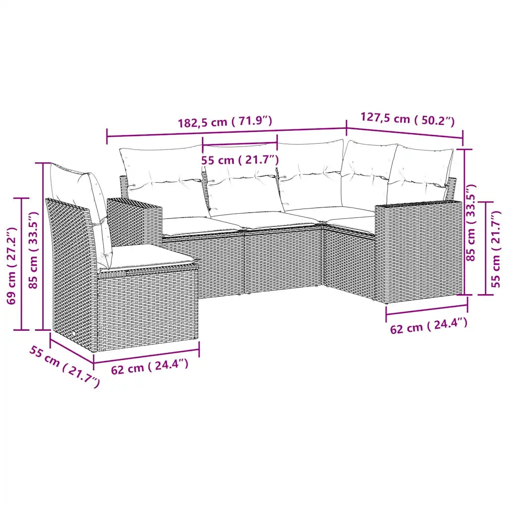 Set Divano da Giardino 5pz con Cuscini Grigio Chiaro Polyrattan 3218962