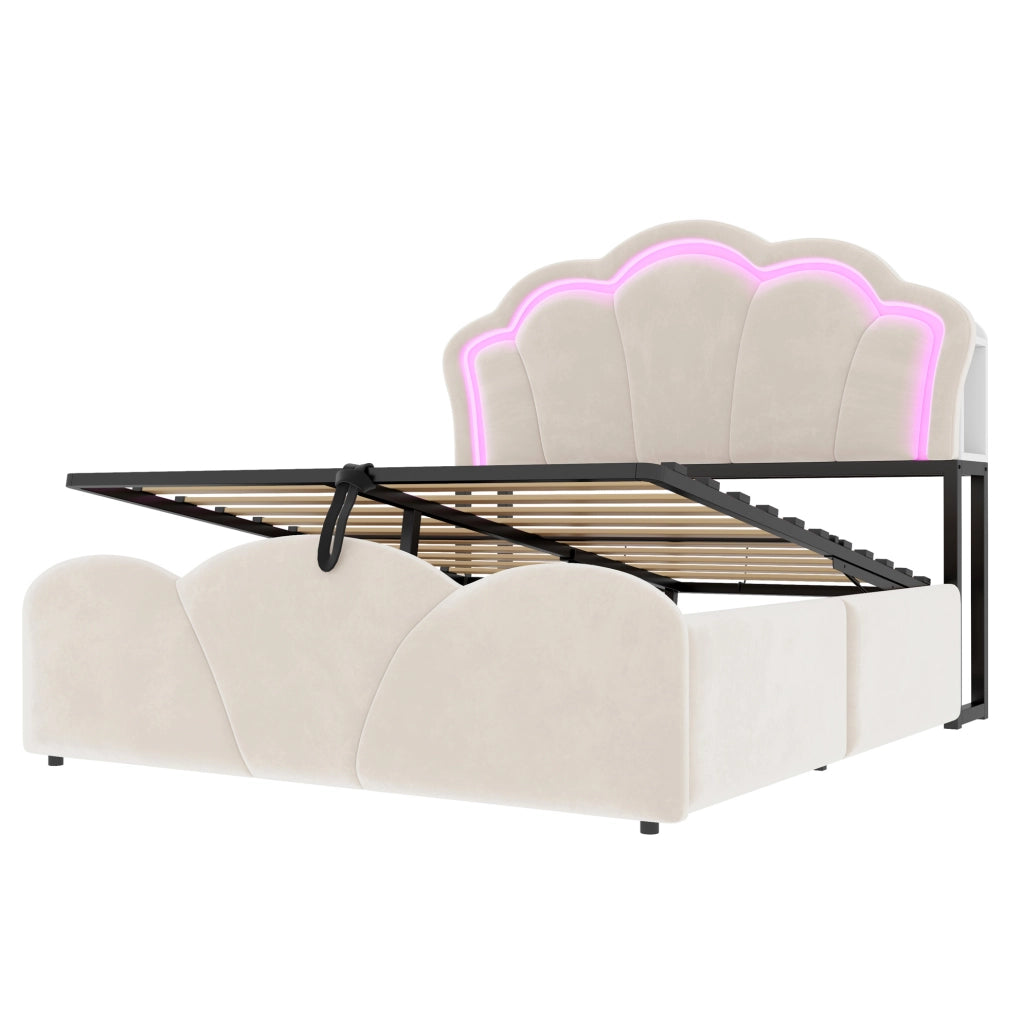 Letto imbottito 140x200 cm con contenitore idraulico; LED e vani nella testiera in velluto beige