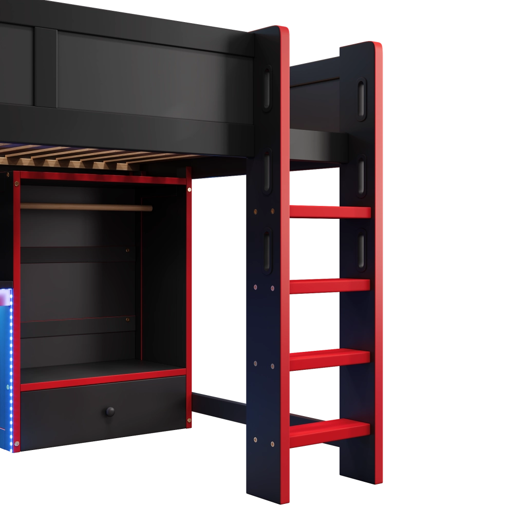 Hochbett 140x200 cm in pino, con scrivania gaming, armadio, scaffali e illuminazione LED, nero e rosso