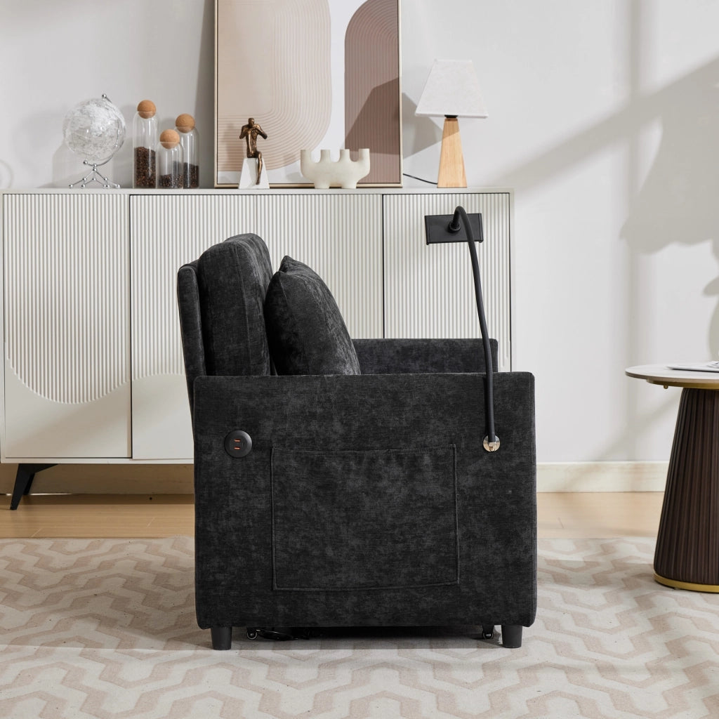 Divano convertibile moderno con porta USB e supporto tablet in tessuto effetto lino nero 109 × 72 × 83,5 cm