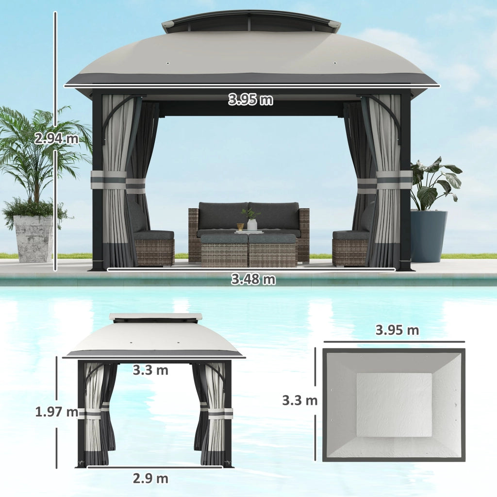Gazebo da Giardino 395x330x294 cm con Zanzariere e Doppio Tetto in Metallo e Poliestere Grigio Chiaro