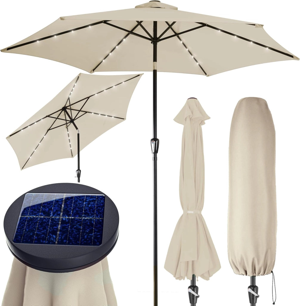 Ombrellone da Giardino 24 luci LED Ø270cm Manovella Ombrelloni Terrazza Parasole Protezione Uv 80+ Crema
