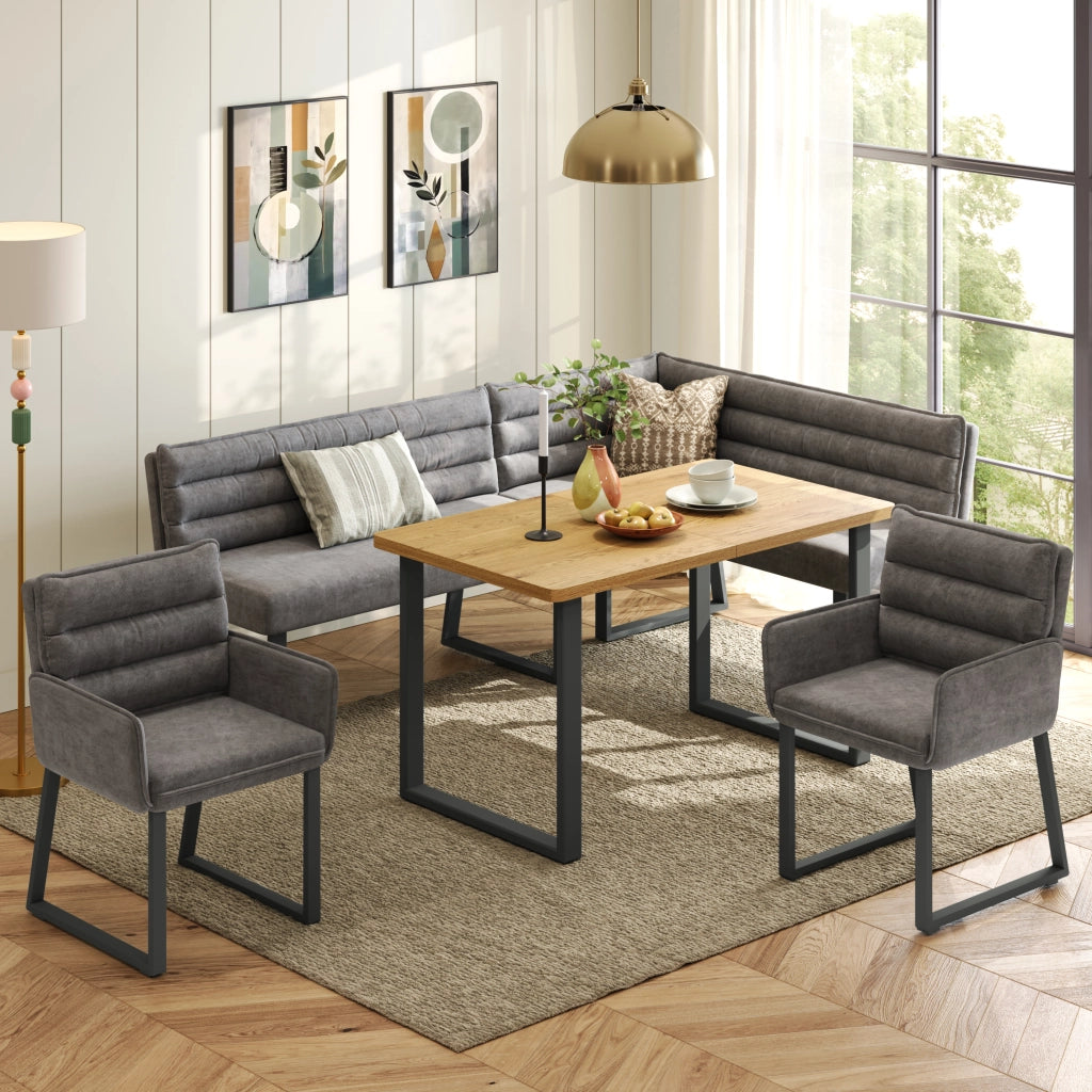 Set Tavolo da Pranzo con Panca Angolare e 2 Sedie ¨C MINIMAL ¨C Grigio/Legno, Tessuto Chenille