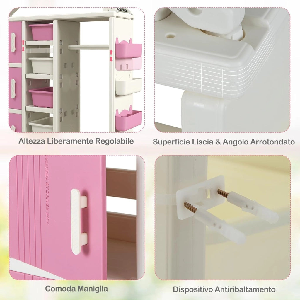 Armadio per Bambini, Organizzatore a Forma di Casa con 1 Lavagna, 3 Armadietti, 4 Cestini, 3 Cubi Chiusi e 3 Cestini Laterali, Armadietto Salvaspazio per Camera da Letto e Soggiorno (Rosa)