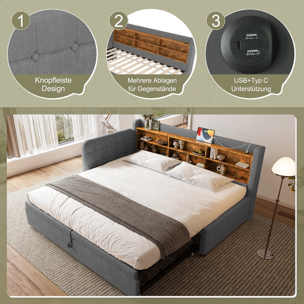 DESMIU Letto estraibile 90 × 200 cm e 180 × 200 cm 1 piazza con USB, Type-C e vani, senza materasso, grigio