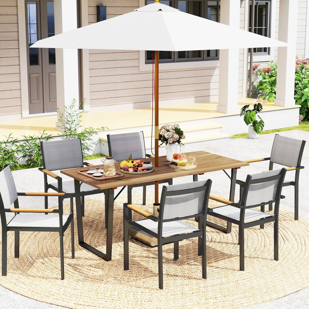 Tavolo da Giardino Rettangolare a 6 Posti con Foro per Ombrellone, Legno e Acciaio, 175x80x75 cm, Marrone