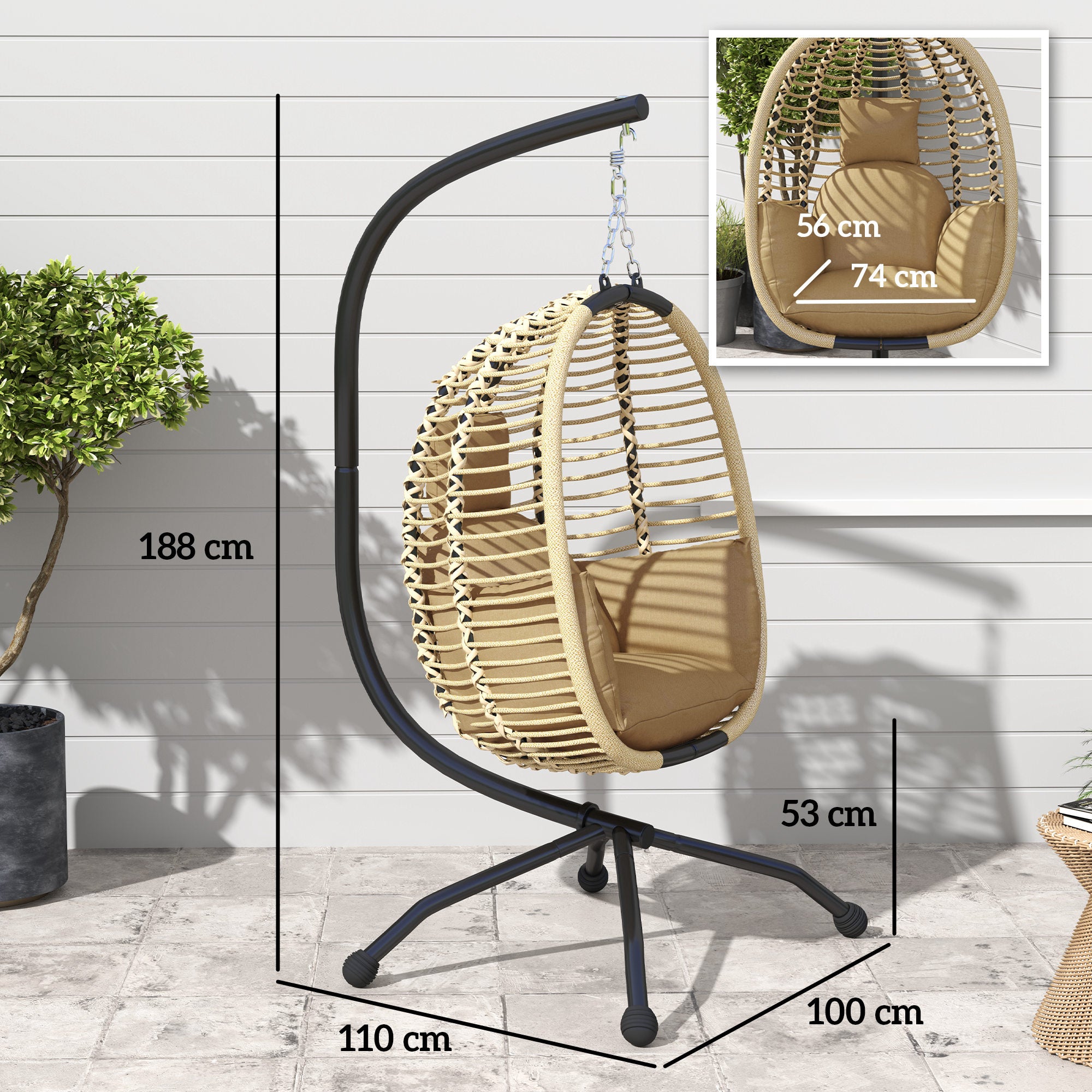 Poltrona Sospesa con Cuscino Imbottito Seduta Pieghevole e Struttura in Acciaio e Corda Beige