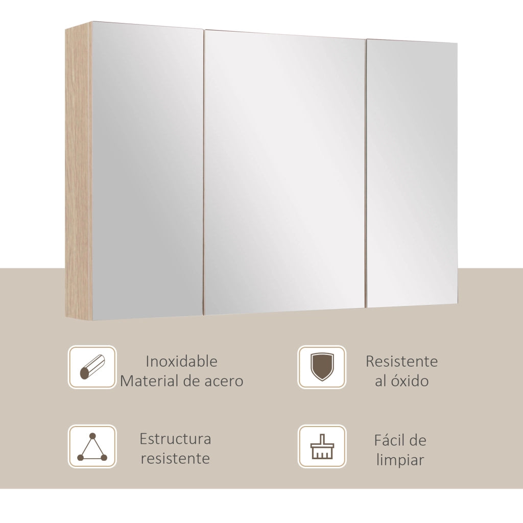 Armadio Bagno con Specchio 3 Ante e Ripiani Regolabili ¨C Zephmum ¨C 90x60x13,5 cm Rovere